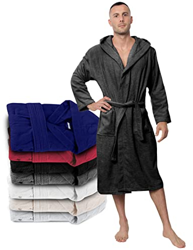 Twinzen Peignoir de Bain Homme - 3XL - Gris Foncé - 100% Coton avec Capuche - Certifié OEKO-TEX® - Robe de Chambre Eponge 2 Poches, Ceinture - Doux, Absorbant et Confort