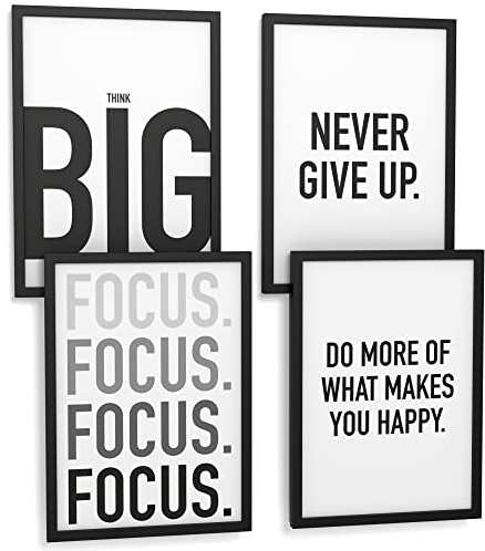 Papierschmiede® Premium Spruchposter Set 4er DIN A4 (21x30 cm) Motiv: Think Big, Focus Leistung Motivation, Typografie Bilder Wohnzimmer Schlafzimmer ohne Rahmen