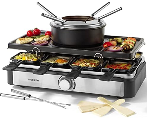 Salter EK4513 Electric Raclette Grill & Fondue - 2 In 1 Smokeless Indoor Grill, 1.3L Chocolate Melting Pot, Cheese Fondue, 6 Forks, Adjustable Temperature, 8 Non-Stick Pans & Wooden Spatulas, 1400W