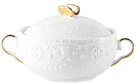 Ceramic Soup Bowl with Handles - Serving Bowl for Cereal, Ramen, Stew, Decorative Tableware with Lid and Spoon, 16X10.4X8.5cm