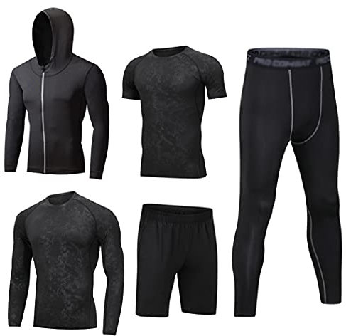 HZQIFEI Herren 5 Stücke Sport Anzug Fitness Anzug Schnelltrocknend Strumpfhosen Laufanzüge Kompression Shirt Gym Training Lauf Trainingsanzüge (Stil#7, XXL)