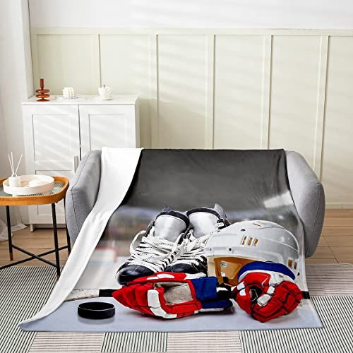 Jungen-Eishockey-Überwurfdecke Kinder-Eishockeyspieler Fleecedecke ganzjährig Teenager Wintersportspiel Flanelldecke Jugend-Hockeypuck flauschige Decke für Schlafsofa Couch Dekoration, 150 x 200