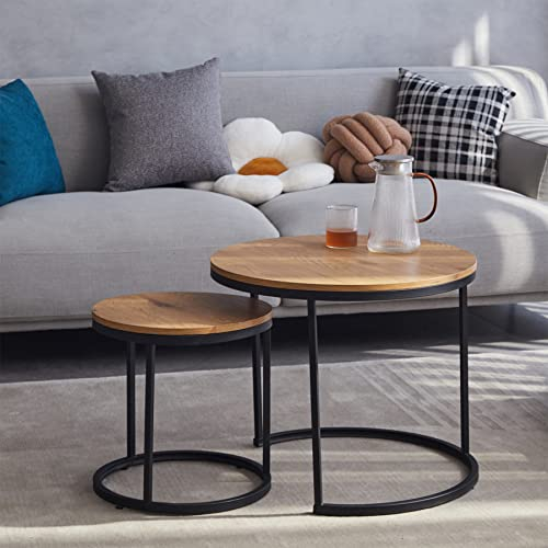 EGOONM Pack de 2 Mesas de Centro Conjunto De Mesa Auxiliar De Salón Redonda Madera Mesitas De Noche Mesas De Café Y Té-Claro, Grande: 60 * 60 * 45cm; pequeño: 40 * 40 * 35cm