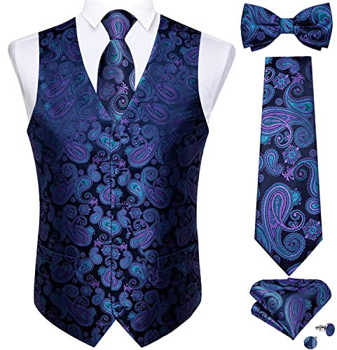 DiBanGu Anzugweste für Herren, 5 Stück Hochzeit Paisley Weste Krawatte und Fliege Einstecktuch Manschettenknöpfe S-3XL, Blau / Lila, X-Large
