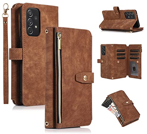 UEEBAI Hülle für Samsung Galaxy A52 4G/5G, Leder Klapphülle, Retro Braun | 9 Kartenfäche Lederhülle mit Umhängegurt Handschlaufe Ständer Reißverschluss Handyhülle Magnetverschluss Wallet Flip Case