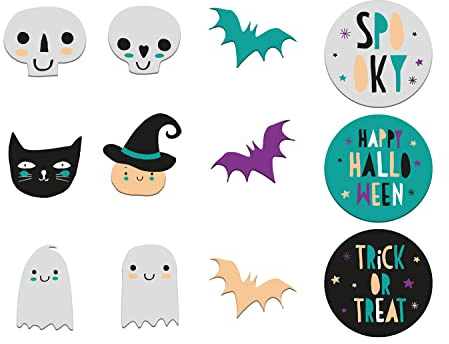 Folat 67983 Fensteraufkleber 12 Stück-Happy Dekoration, Halloween Fensterdekoration, Wandaufkleber, Fenster Selbstklebende Abnehmbare Wandtattoos, Aufkleber für Party Deko, Mehrfarbig, Regular