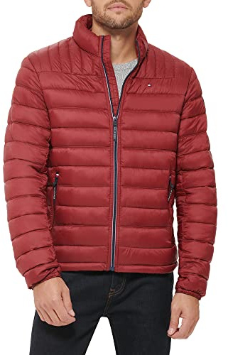 Tommy Hilfiger Men's Lightweight Down Alternative Packable Puffer Jacket Coat, Red, 3XL