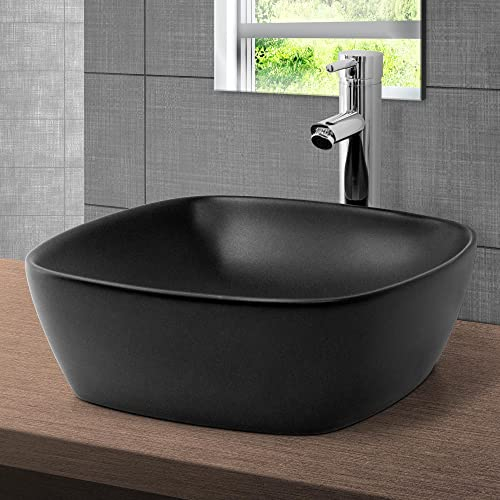 ML-Design Waschbecken aus Keramik Schwarz 40,5x40,5x15 cm, Abgerundeten Ecken, Aufsatzwaschbecken, Moderne Waschtisch, Waschschale mit Abflussloch, Waschplatz Handwaschbecken, für Badezimmer/Gäste-WC