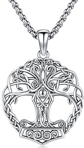 Collier Arbre de Vie en Argent Sterling 925, Pendentif Arbre de Vie pour Homme Femme, Collier Viking Marteau de Thor, Nœud Celtique Pendentif, Arbre de Vie Amulette Bijoux