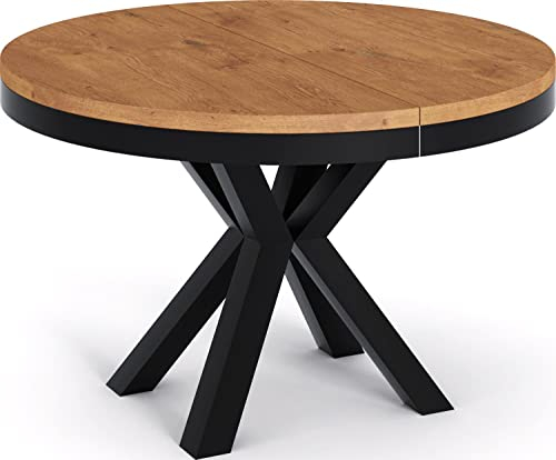 WFL GROUP Runder Ausziehbarer Esstisch im Loft-Stil - Industrieller Tisch mit Schwarzen Metallbeinen - Platzsparender Tisch für Wohnzimmer - Lancelot Eiche - 100 bis 180 cm