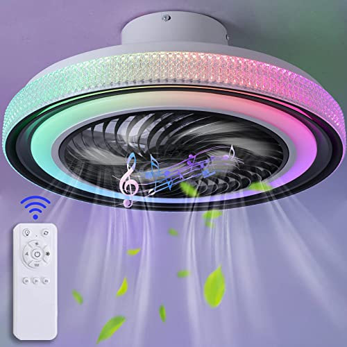 YUNZI Silenzioso Lampada LED con Ventilatore da Soffitto RGB Dimmerabile Ventilatore da Soffitto con Luce E Telecomando & Bluetooth Altoparlante Musicale per Cameretta Soggiorno La Festa-A