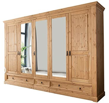 möbelando Kleiderschrank SZ-0079 aus Kiefernholz geölt und gebeizt in Eiche mit 3 Schubladen und 5 Türen. Abmessungen (BxHxT) 310x215x62 cm
