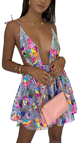 ORANDESIGNE Vestito da Donna Sexy Vestiti Paillettes Brillante Profondo Scollo a V Senza Maniche Spaghetti Strap Backless Mini Abito Glitterato Sottile Party Discoteca Clubwear A Viola S