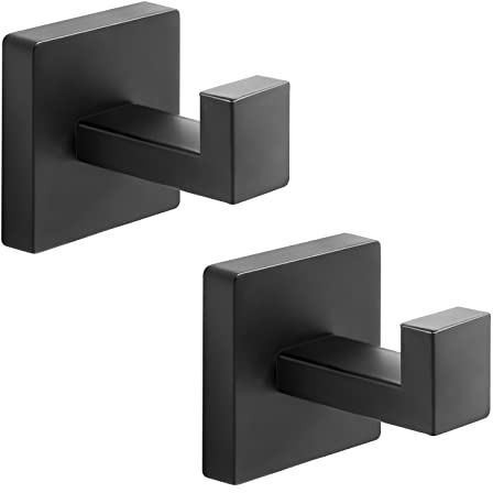 Fenas Heavy Duty Stainless Steel Towel Hooks, Wall Mounted Square Robe Hooks for Bathroom, Kitchen, Bedroom, Hotel Matte Black 2 Pack