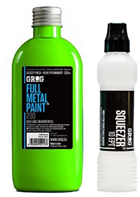 Grog Full Metal Paint & Squeezer 10 EPT - 10mm Mop Marker & Gloss Permanent Paint Refill 200ml (Neon Green)