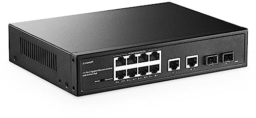 YuLinca Commutateur Gigabit PoE 12 Ports, 8 GE PoE+, 2 GE Uplink, 2 Gigabit SFP, IEEE802.3af/at Max 120W, Fanless Unmanaged Plug&Play Ethernet Switch