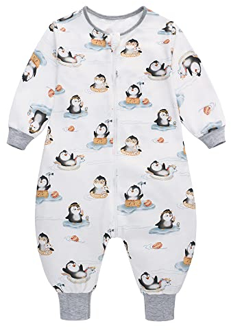 Baby Schlafsack Sommer mit Füßen 0.5 Tog 100% Baumwolle Kinder Sommerschlafsack mit Ärmel für Jungen und Mädchen (Pinguin, S/6-18M)