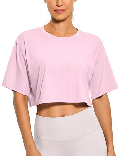 CRZ YOGA Damen Sport T-Shirt Kurzarm Sommer Fitness Crop Oberteile Crew Neck Leichte Yoga Top Atmungsaktiv Laufshirt Rosa Pfingstrose 42