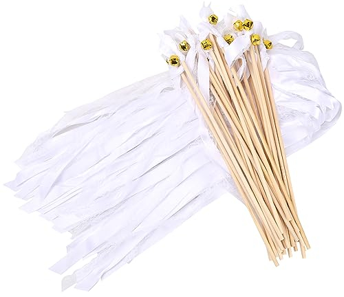 Wedding Party Ribbon Wands mit Glocke, Band Zauberstäbe Hochzeit Luftschlangen, Ribbon Fairy Stick, Wedding Wands für Hochzeit Geburtstag Feier Baby Party (Weiße Bänder + Weiße Spitze)