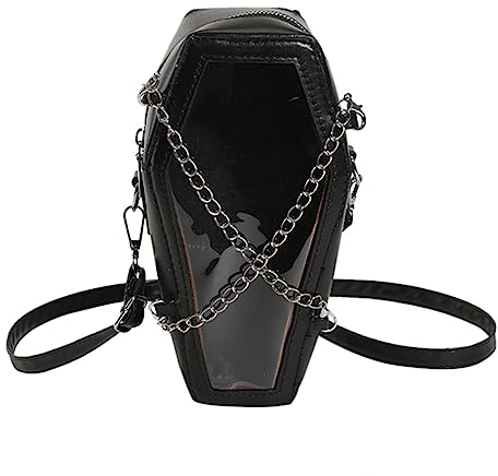 YIGEBAG Frauen Crossbody Tasche Halloween PVC PU Umhängetasche Sarg Form Transparent Unterarmtasche for Büro Reisen Make Up Kosmetiktasche, Schwarz, 22x21x12cm/8.66x8.27x4.72in