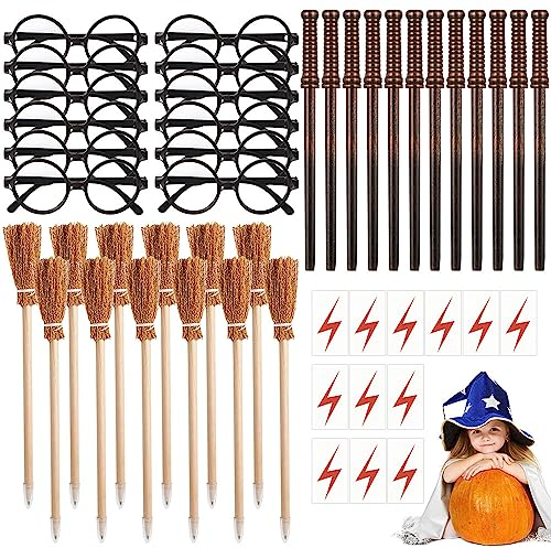 SKJJL 48 Stück Zauberstab Zauberbesen Bleistifte Set, Wizard Kindergeburtstag Deko, Zauberer Brille mit Rundem Rahmen, Blitz Tattoos, Besen, Magischem Thema Halloween Kostüm Party Karneval Fasching