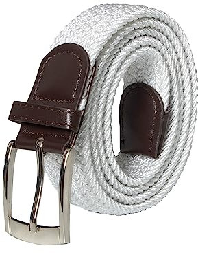 989Zé ENZO Mens Stretch Belts Ladies Elasticated Woven Adjustable Braided Metal Buckle Belt (White, L)