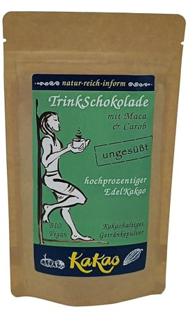 TrinkSchokolade ungesüßt mit Maca - Getränkepulver mit Edel-Kakao | Für heiße & kalte Zubereitung | 600g = 75 Tassen | natürlich mild durch Maca | Bio, Vegan & Fair | Manufaktur aus Sachsen