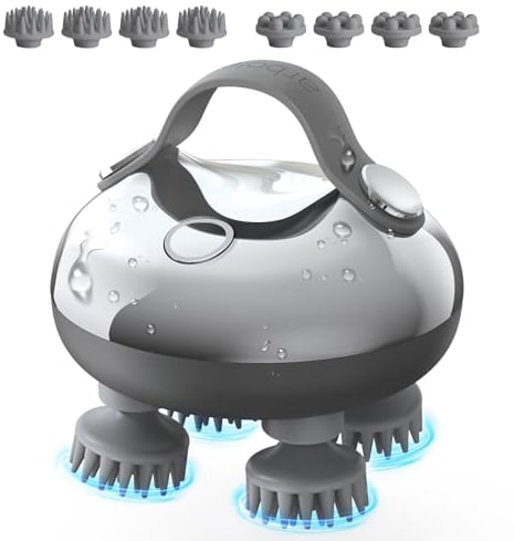 arboleaf Kopfhaut-Massagegerät elektrische Kopfmassage IPX7 wasserdicht mit 8 abnehmbaren Massageköpfen und 3 Massagemodi, handliches Kopfmassagegerät für Entspannung, Tiefenreinigung(silbrig)