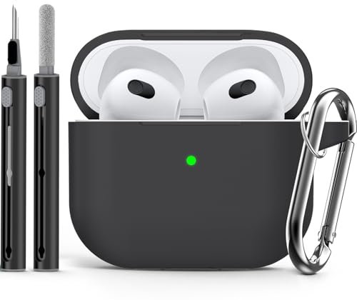 Apple AirPods 3rd Gen Case Cover with Cleaner Kit, Soft Silicone Protective Case with Keychain, Shockproof for Women & Men - Black