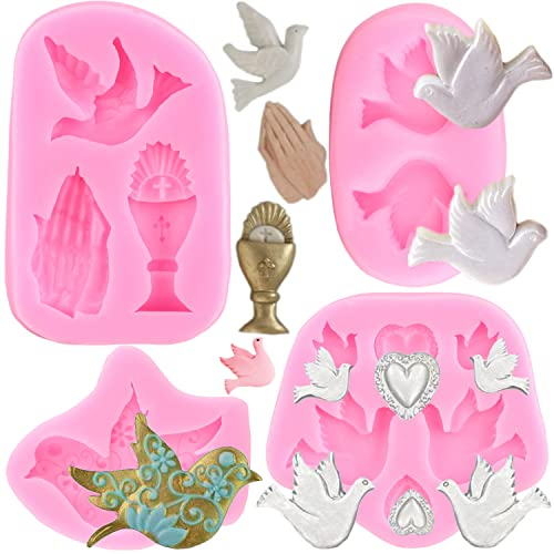 RFGHAC Communion Silicone Mould Dove Fondant Molds Praying Hands Candy Mould for Cake Decorating Chocolate Gum Paste Cupcake Topper Polymer Clay Set of 4