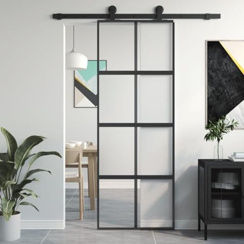Festnight Puerta Corredera de Vidrio Templado y Aluminio, Puerta Corredera Interior Moderna, Puerta Corredera de Granero, Puerta Corredera Silencioso, Negro 76x205 cm Type 7