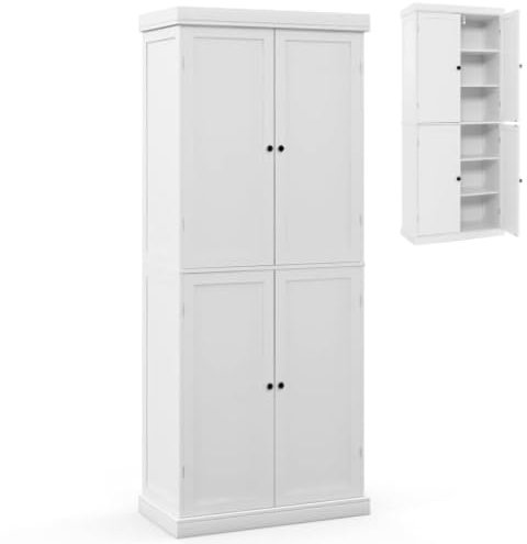 COSTWAY 184cm Tall Kitchen Cupboard, 6 Tiers Buffet Pantry Storage Cabinet with 4 Doors, Adjustable Shelves & Anti-tipping Device, Freestanding Sideboard Organizer for Dining Room (4 Doors, White)