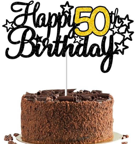 Gidobo 1PCS Happy 50th Birthday Cake Topper, Black Gold Glittery Happy 50th Birthday Cake Decorations for Birthday Anniversary Party Cake Pick Decorations Supplies