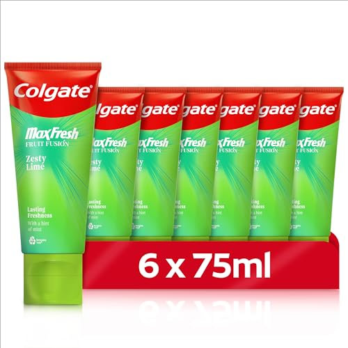 Colgate Max Fresh Fruit Fusion Zesty Lime Flavoured Toothpaste 75ml x 6 - citrus flavours with refreshing mint - with FreshFX technology - fluoride protection - fights cavities - protects enamel