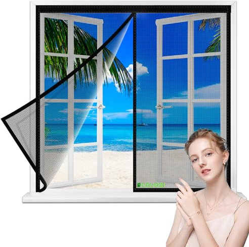 Mosquito Net Window Removable, 60x175cm Reinforced with Full Frame Hook and Loop Fasteners to Ensure All Bugs are Kept Out, Tough and Durable Black