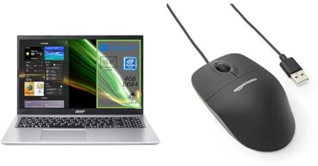 Acer Aspire 1 A115-32-C56R PC Portatile, Notebook, Processore Intel Celeron N4500, RAM 4 GB DDR4 & Amazon Basics - Mouse ottico nero con USB e 3 pulsanti per Windows e Mac OS X