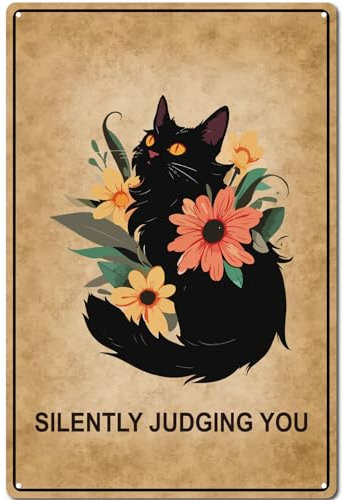 CREATCABIN Panneau Métal Forme Fleurs Jardin,Affiche Métal,Motif Chat Noir,Plaques Vintage,Galerie Murale Rétro,Impression Artistique,Décoration Suspendre,Décoration Salle pour Maison,Jardin,30x20cm