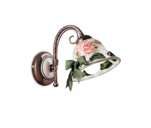 Licht-Erlebnisse Wandleuchte Metall Keramik E14 H: 17 cm in Kupfer antik Weiß Handbemalt Blumendekor Landhaus Stil Wandlampe Wohnzimmer Küche