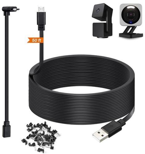 50ft Power Cable for Wyze Cam v4, Wyze Cam Pan v3, Wyze OG, v3 Pro Security Cameras - 15m Long Flat USB to Micro USB Charging Extension Cord with L-Shaped Adapter, Black