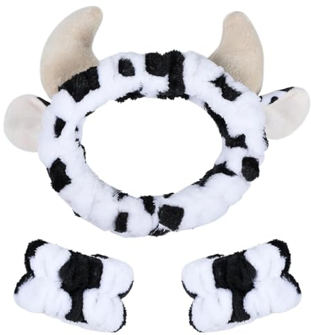 Haarband Schminken Plüsch Cow Print Gesicht Waschen Haarbänder Make up Stirnband mit Handgelenk Waschband,Haarband zum Abschminken Dusche Spa, Geburtstagsgeschenke für Frauen