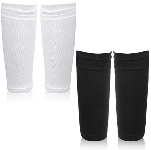 2 Paar Stutzenhalter Fußball Schienbeinschonerhalter Fussball Schienbeinschoner Socken Weich Wadenärmel Schienbeinschutz Schwarz & Weiß Atmungsaktiv Schienbeinschonerhalter für Anfänger Laufen