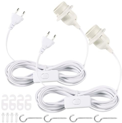 Getyjoe 2 Stück E27 Lampenfassung Mit Kabel, Weiß Mit 5m Kabel Schraubring, Schalter und Stecker für Lampenaufhängung in Küche, Wohnzimmer und Kinderzimmer