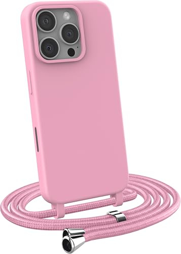 MyGadget Funda con Cuerda para iPhone 16 Pro - Carcasa en Silicona TPU Suave con Cordón - Case y Correa Colgante Ajustable y Portátil - Rosa