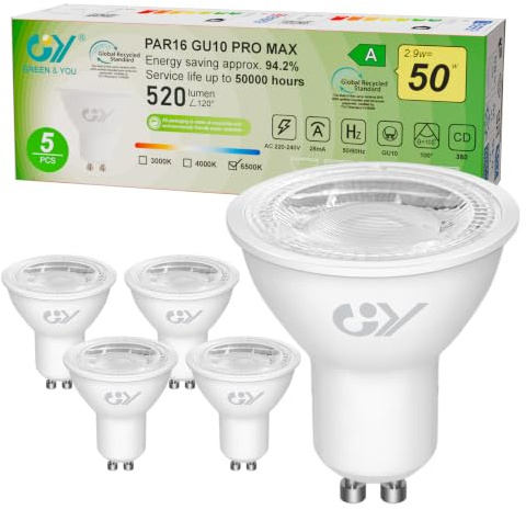 GY GU10 LED Kaltweiss Lampe 2.9W 520 Lumen 6500K Kaltweiß Glühbirnen, 50W lampe ersetzt,Abstrahlwinkel 110° Leuchtmittel,Nicht Dimmbar Energiesparlampe,5er-Pack