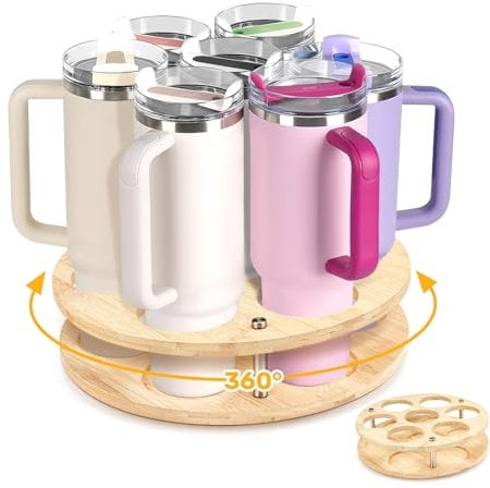 Betinyar Rotatable Wooden Water Bottle Organizer for Mug, Tumbler Holder Organizer for 40/30/20/14 oz, 7 Sits Water Bottle Holder for Kitchen