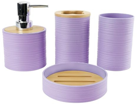 Hosoncovy 4 Pcs Bathroom Container Set Bathroom Accessory Set with Soap Dispenser, Bathroom Cup, Soap Dish ,Toothbrush and Toothpaste Holder (Purple)