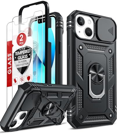 LeYi Cover per iPhone 13 con Vetro Temperato [2 Pack],Custodia con Protezione Fotocamera [Slidable] Antiurto Grado Militare 360° Anello Supporto TPU Bumper Custodie iPhone 13,6.1'' Nero