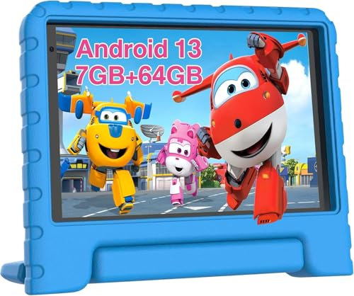 Tablet para Niños, Tablet Android 13, 7 Pulgadas Tablets, 7GB RAM + 64 GB ROM, WiFi, GPS, BT 5.0, Táctil HD, TUV Certificación, Juegos Educativos Infantil Niños, Control Parental, con Funda EVA, Azul
