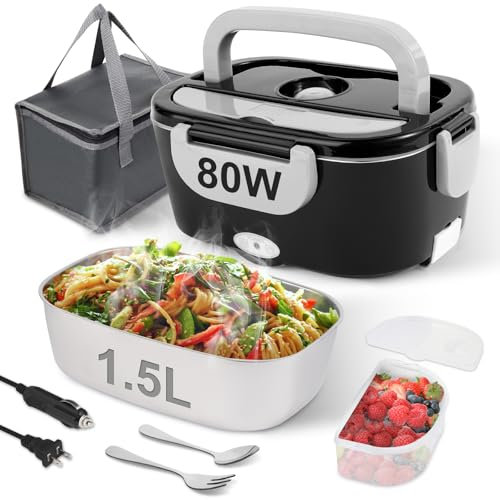 NestDin Lonchera eléctrica de 80 W para adultos, 1.5 L, de acero inoxidable, calentadora de alimentos, 12 V/24 V/110 V, lonchera portátil con calefacción para coche/camión/oficina, a prueba de fugas