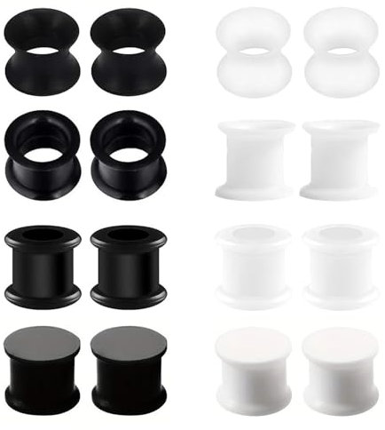 LOCCY 8 Paar Flesh-Tunnel aus Silikon, 3-25mm Schwarz Weiß Extra Weich Silicone Ohr Tunnel Plug Hart Silikon Tunnels Plugs Double Flared Flexibler Ohr Expander Piercing Unisex (Schwarz+Weiß, 12mm)